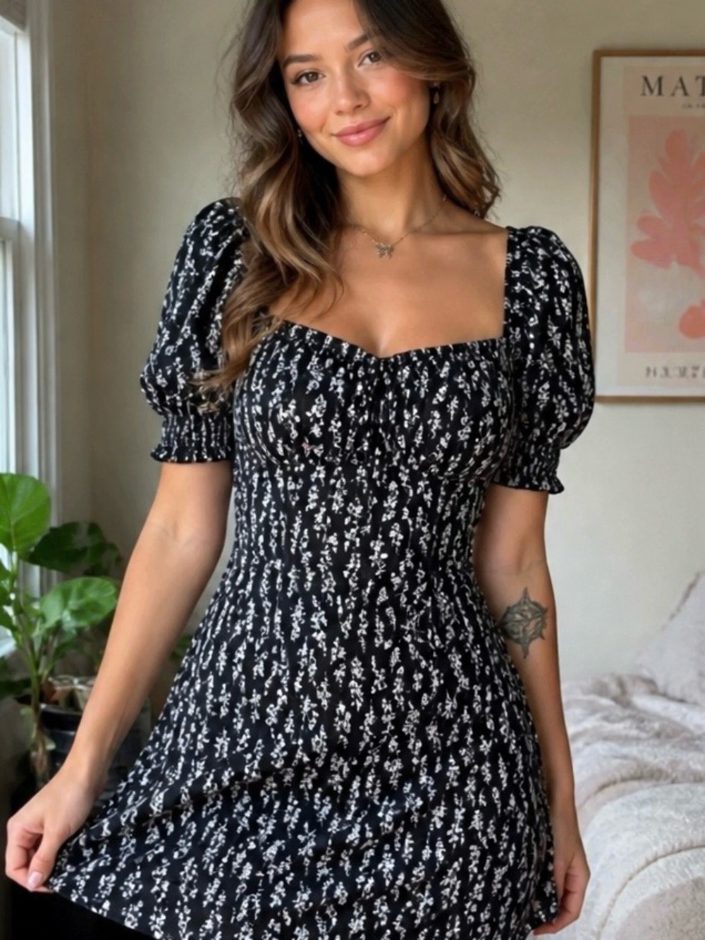 Black Floral Puff-Sleeve Mini Dress - Classic Feminine Style